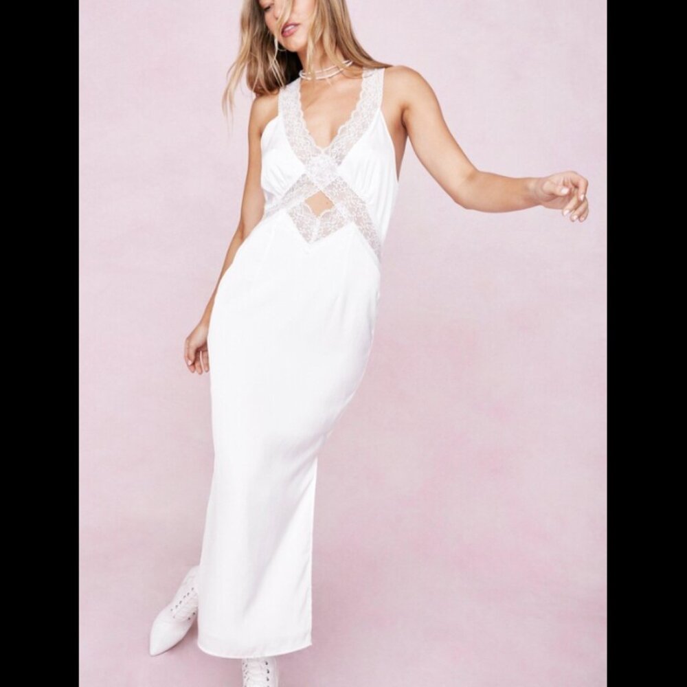 NWT Nasty Gal White Satin Lace Trim Cut Out Midi Dress